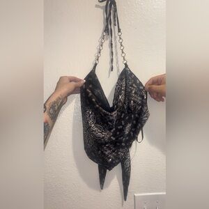 Forever 21 Black Paisley Satin bandeau Top with white Print & chain straps